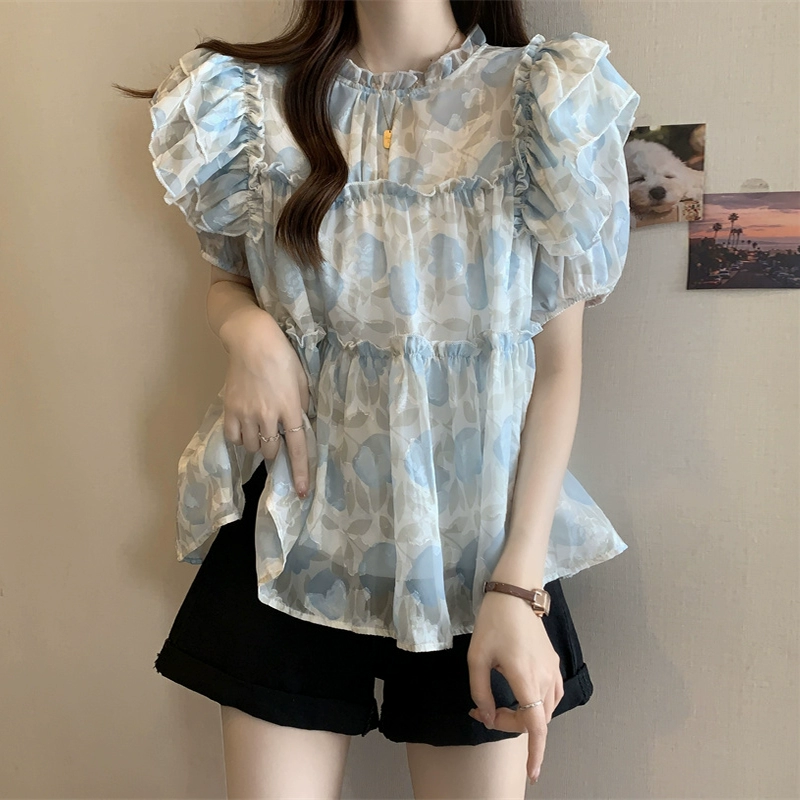Женская шифоновая рубашка больших размеров с рюшами и пышными рукавами, женская летняя рубашка для полных мм, милый утягивающий топ с цветочным принтом