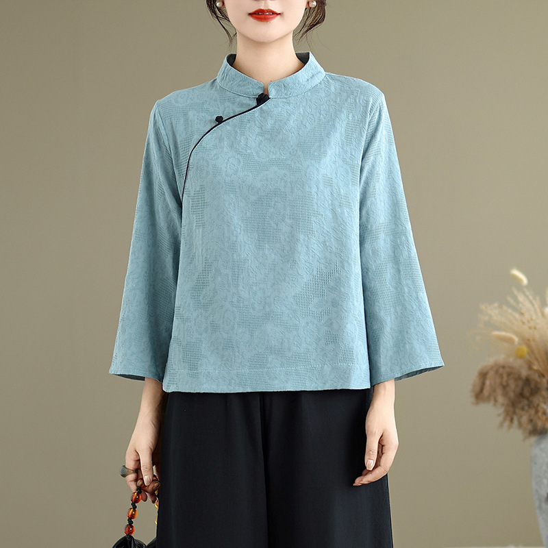 中国风立领提花斜襟中式棉麻衬衫女复古上衣茶服禅意套装|undefined