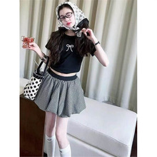 2025女童春秋新款韩版时尚网红减龄甜美黑色短袖格子花苞短裙套装
