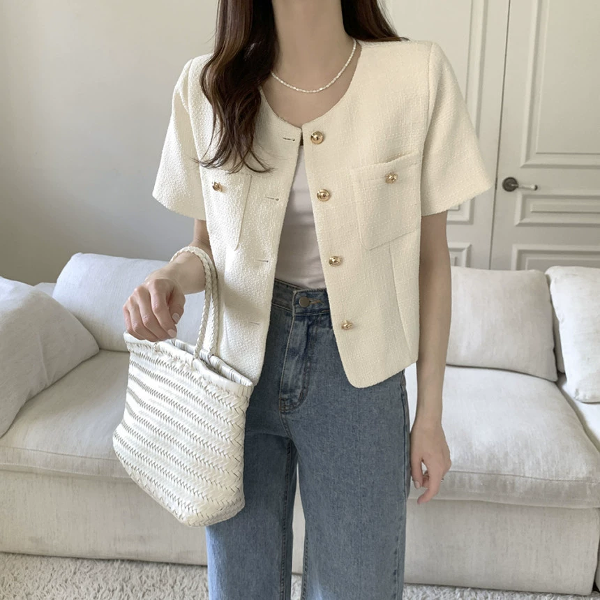 Летняя ретро металлическая куртка, жакет, корейский стиль, стиль Chanel, оверсайз, с коротким рукавом
