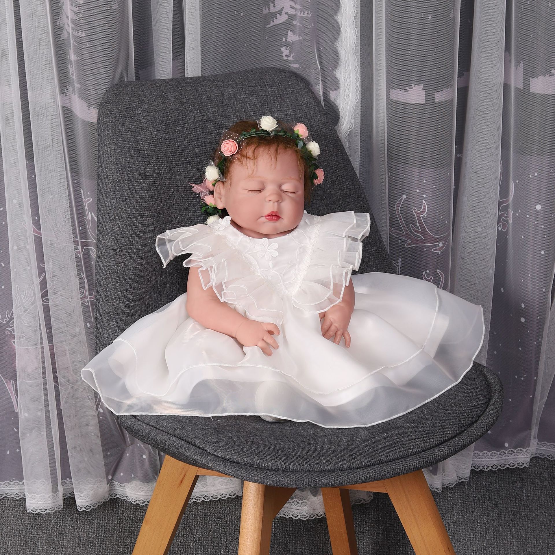823-V-shaped ruffled organza dress, stylish princess dress for babies, full moon celebration, lace dress for little girls.