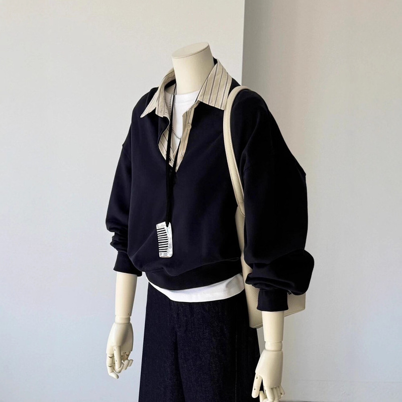 Navy Blue Polo Collar Fake Two-Piece Sweatshirt for Women 2025 New Autumn and Winter Loose Lazy Style Design Pullover Top Navy Blue Polo Collar Fake Two-Piece Sweatshirt for Women 2025 New Autumn and Winter Loose Lazy Style Design Pullover Top