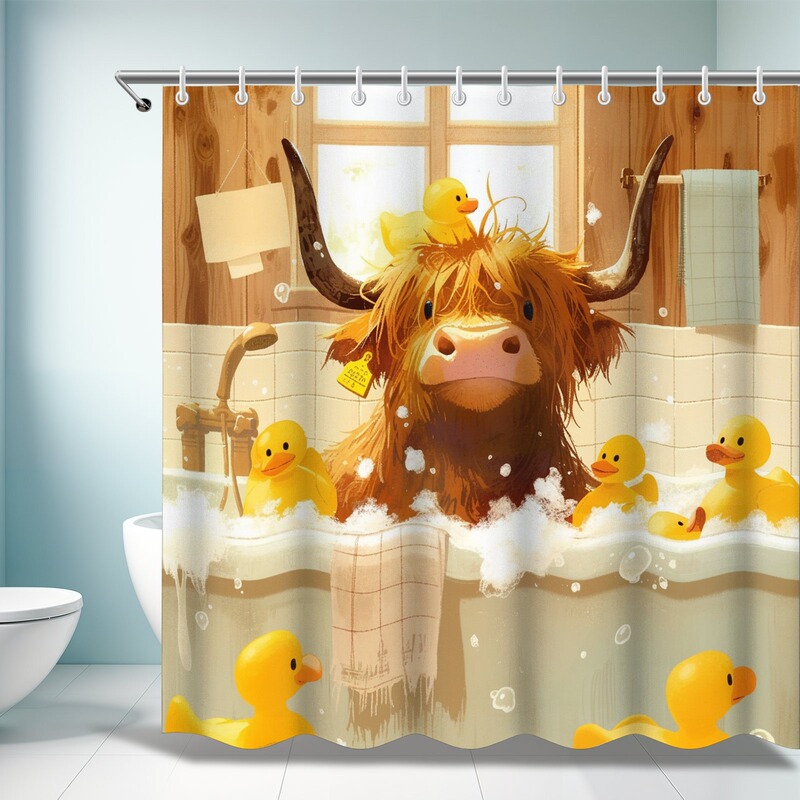 Farmhouse Highland Cow Wooden Bathtub Shower Curtain, Bathroom Shower Home, Cute Romantic, Bathroom Decor