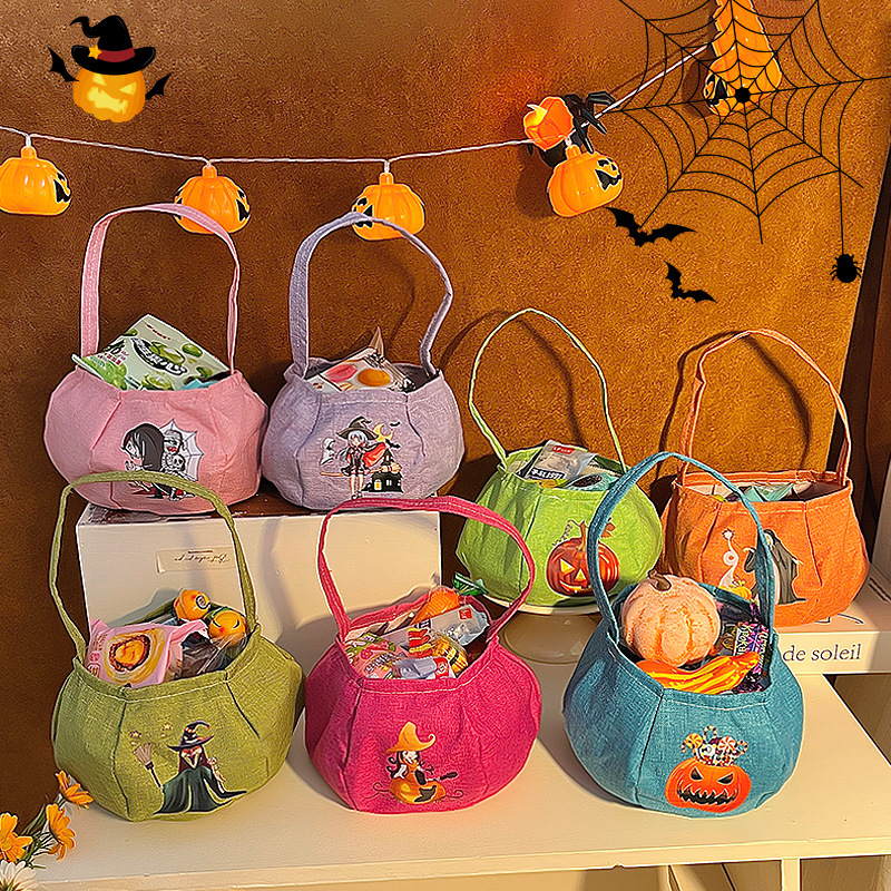 Bolso de Halloween, bolsa de dulces bordada, accesorios de decoración navideña para niños, linterna de calabaza para Halloween, cubo, caramelo de Halloween