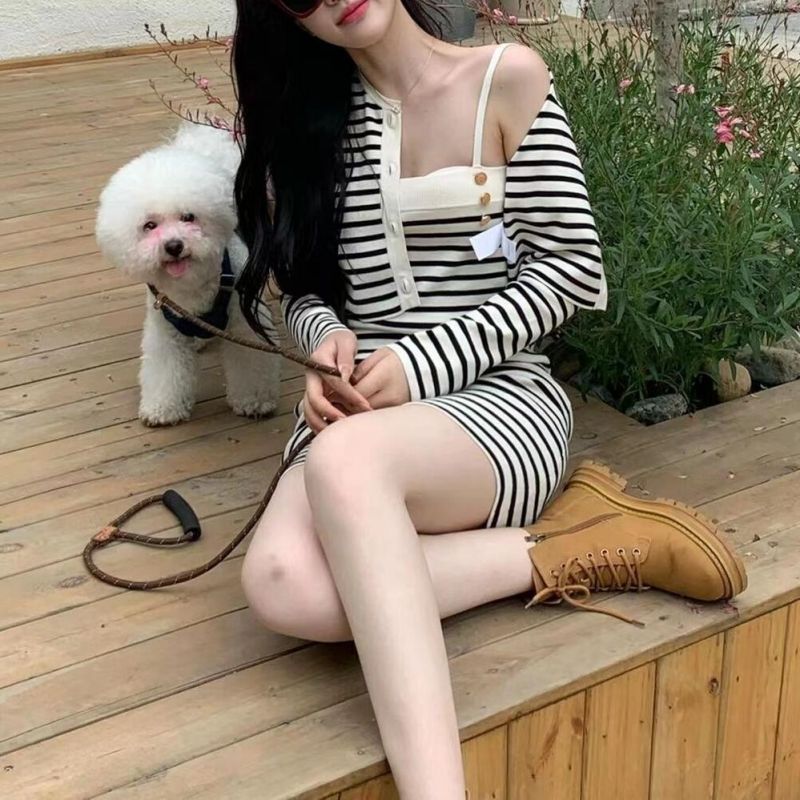 小香風套裝裙秋季條紋針織衫外套吊帶連衣裙女裝外搭開衫顯瘦兩件