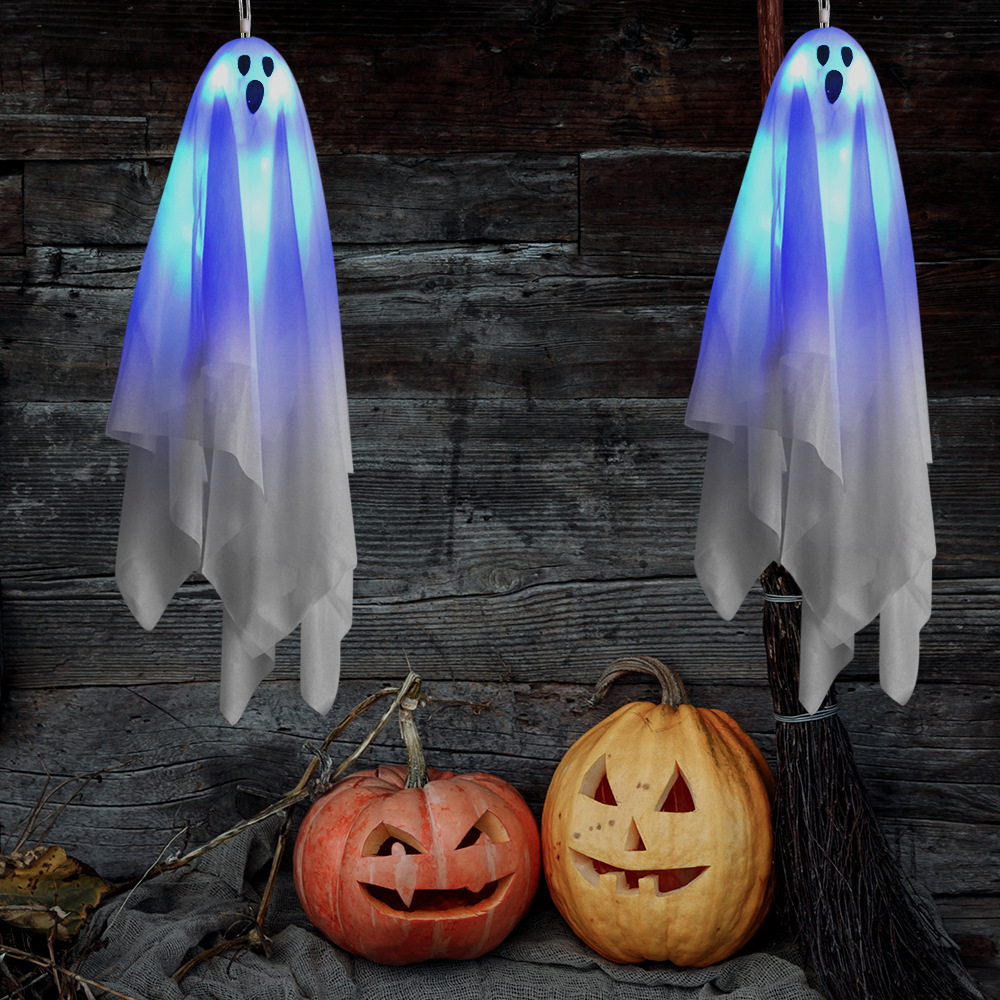 Decoración de jardín de terror de Halloween, toque, sonido luminoso, colgante de fantasma eléctrico, accesorios de diseño de fantasma colgante pequeño blanco