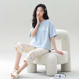 夏季新款纯棉女短袖七分裤套头睡衣印花休闲女家居服图片色圆领