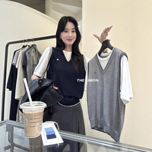 THE LIMON柠檬绿茶秋季韩版气质拼接假两件圆领短袖马甲针织衫女