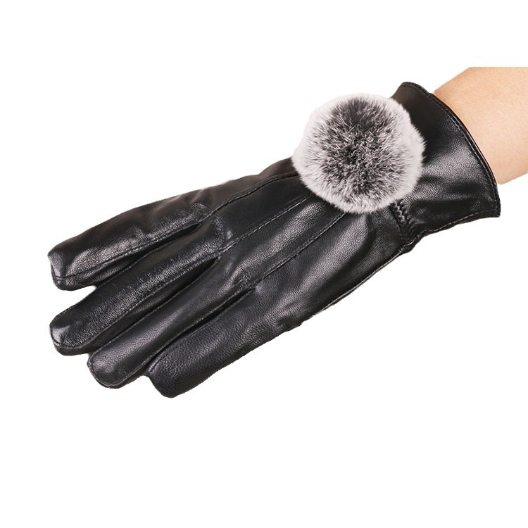 Nuevo otoño y el invierno de las mujeres de piel de oveja guantes forrados de lana caliente patchwork Rex conejo Bola de piel de conducción guantes de cuero
