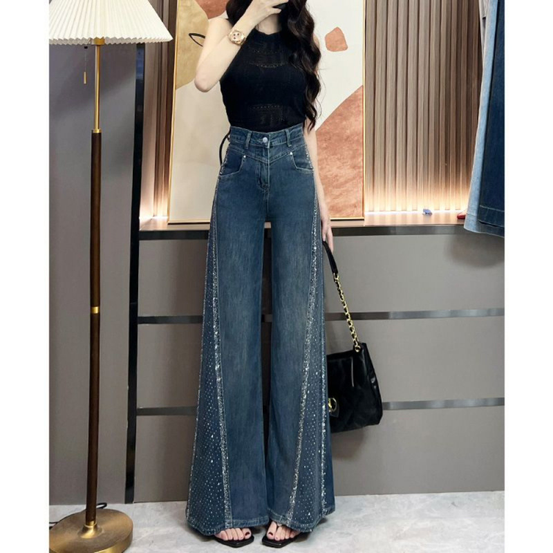 ホットドリル広脚ラッパジーンズ女2025年春夏新作ファッションギャルゆるい水洗いブルーストレートズボン|undefined