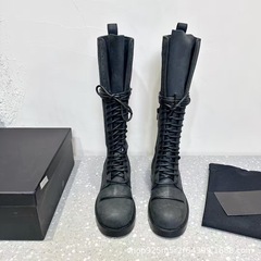 高端2025秋冬真皮圆头复古做旧前绑带平跟高筒骑士靴不过膝长靴女