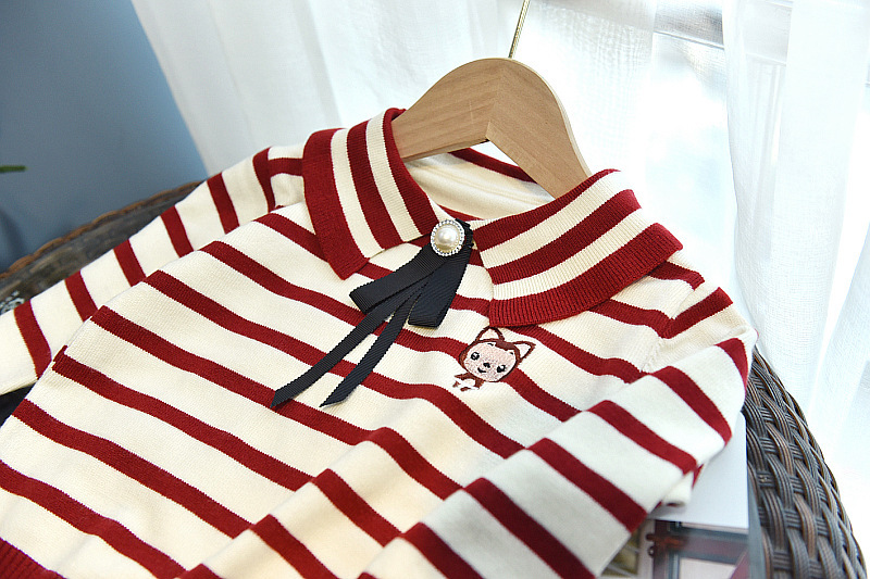 Pull à rayures bleu marine pour filles, ensemble plissé, col polo tricoté, pull avec nœud, jupe courte, YB213_voghion.com