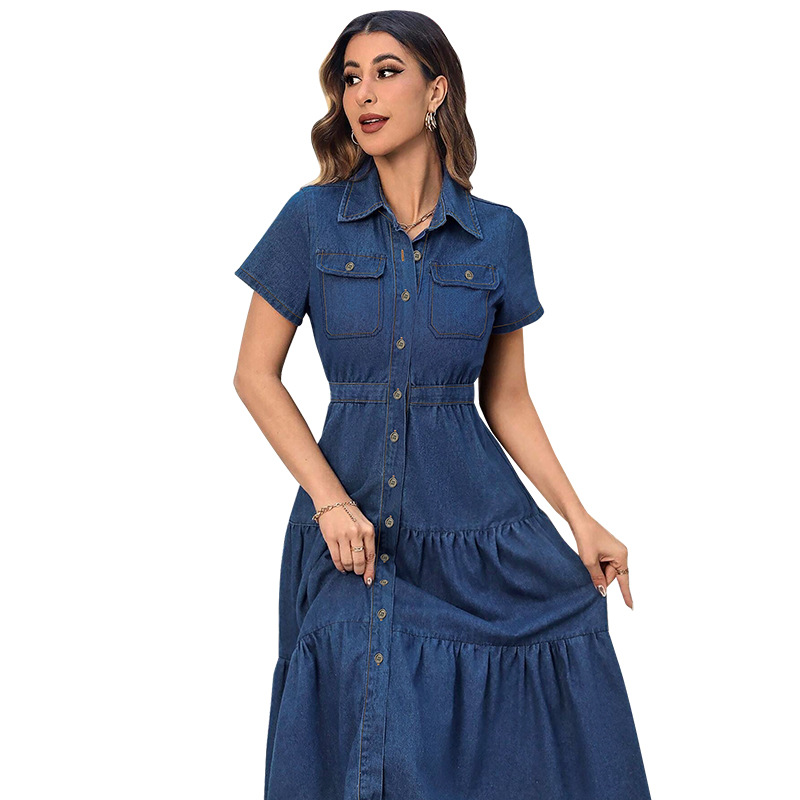 K Plus Size Women's Clothing Women's Short-sleeved Long Dress With Pocket And Button-down Collar_mkmklike.com