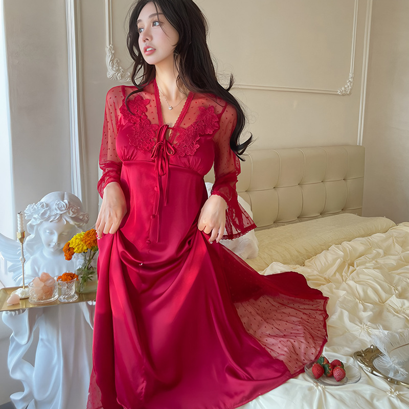 Live Hot Spring and Summer New Ice Silk Nightdress Women's Thin Ice Silk Long Dress Mesh Backless Long Sleeve dress