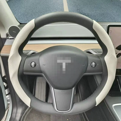 Steering wheel cover, cover model3 suede ultra-thin sweat-absorbent - carbon-fiber-pattern-off-white-white-tesla-general