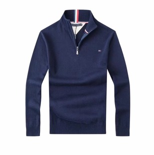 New Tommy TM Men's Warm V-neck Pure Cotton Knitwear Business Casual Autumn and Winter Solid Color Explosion Sweater Men