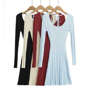 24 UP Crewneck Open-waist Lace-up Sweater dress Women's Autumn Elegant Spice Girl's Slimming A- line Short Skirt