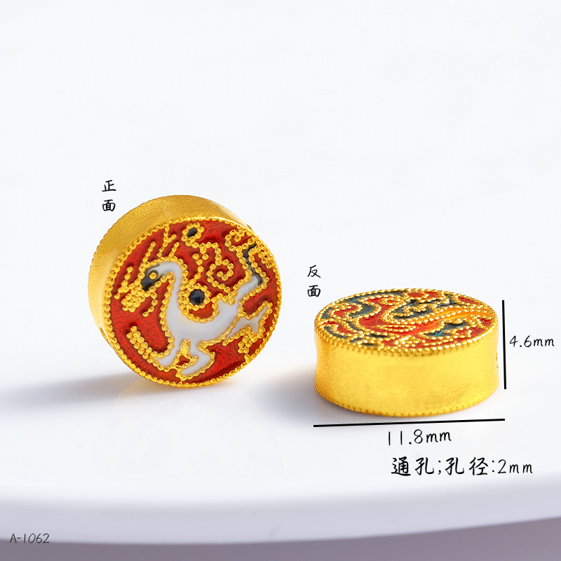 Copper Gold-Plated DIY Jewelry Accessories Wholesale, High Color Retention, Enamel Small Spacer Beads with Fortune Character, Through-Hole Enamel Jewelry