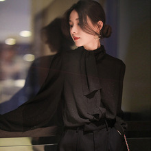 秋装新款气质系带衬衫女设计感小众飘带黑色衬衣内搭外穿打底上衣