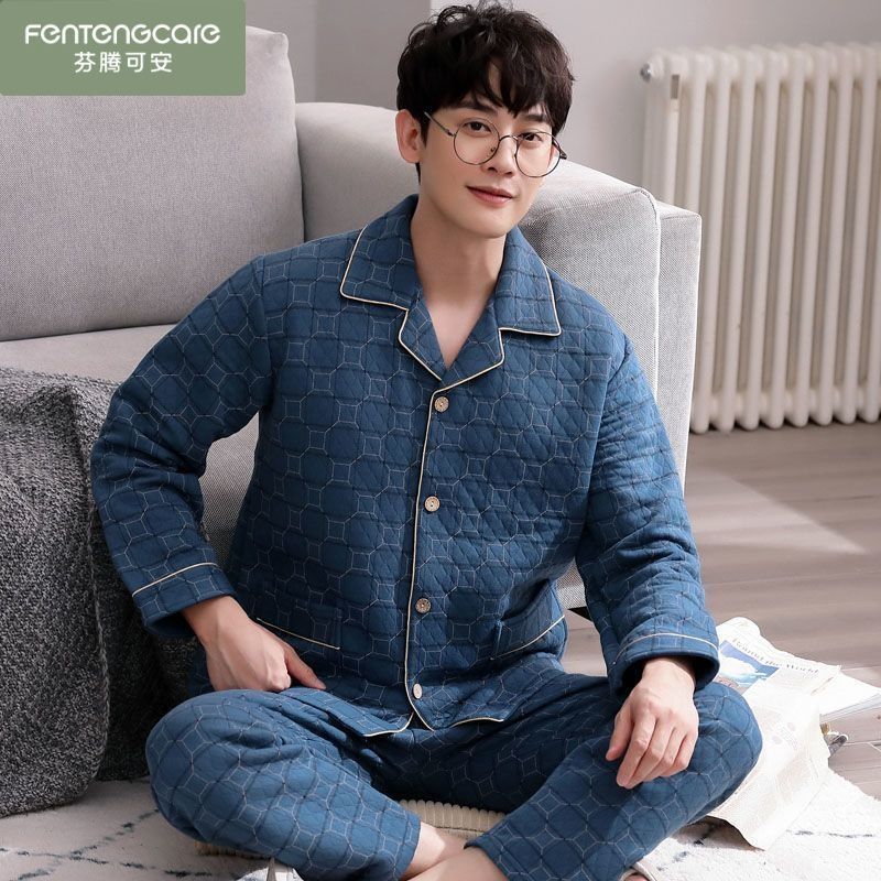 Pajamas de algodón de primavera y otoño para hombres, ropa de hogar de manga larga engrosada, otoño y invierno, conjunto de algodón de aire intercalado