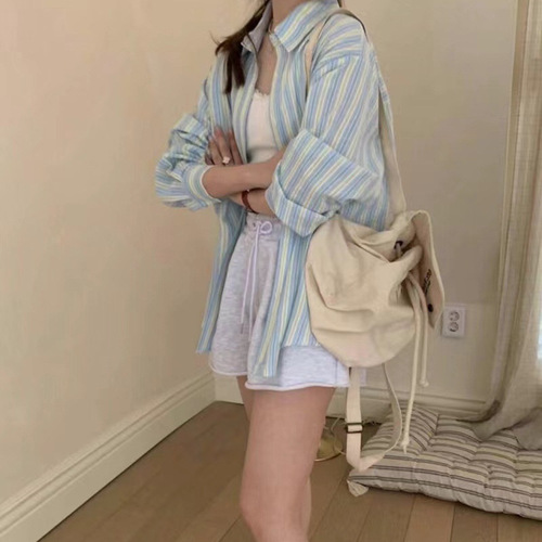 Korean long-sleeved thin striped two-color sunscreen shirt lazy style versatile loose top