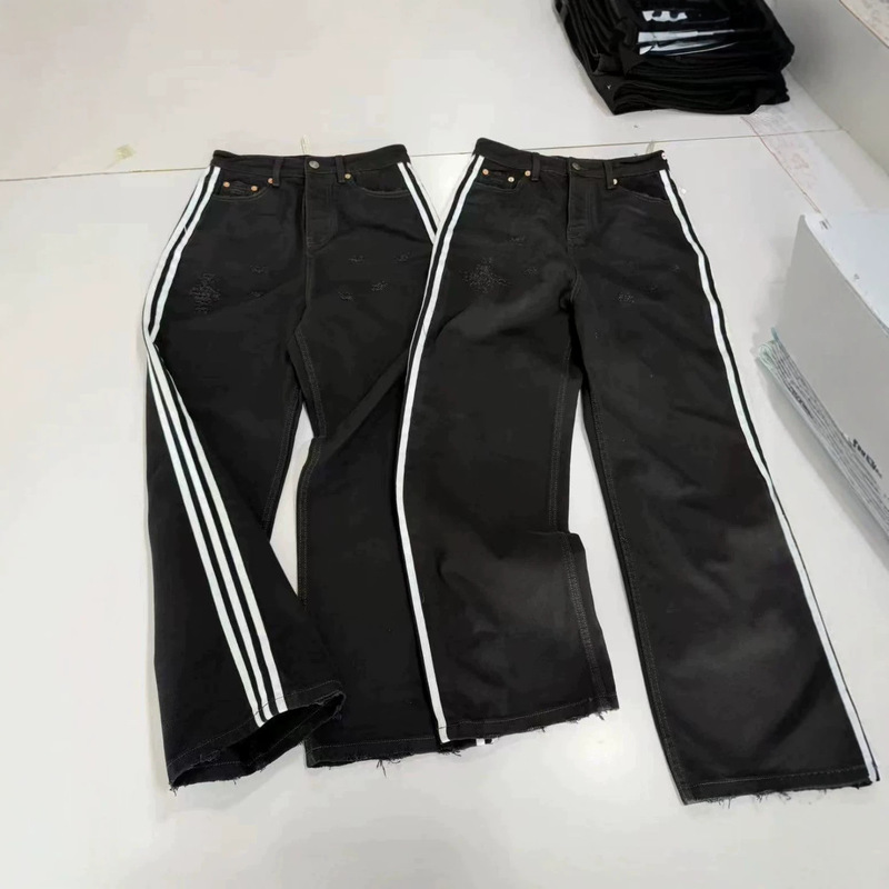 High-quality Paris-style co-branded washed striped wide-leg jeans with three stripes, high street loose straight wide-leg pants