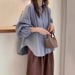 秋款条纹灯笼袖宽松衬衫休闲小外套宽松显瘦日系气质小个子衬衣女