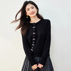 黑色针织衫女2025秋季新款韩系设计感蝴蝶结开衫毛衣外套上衣