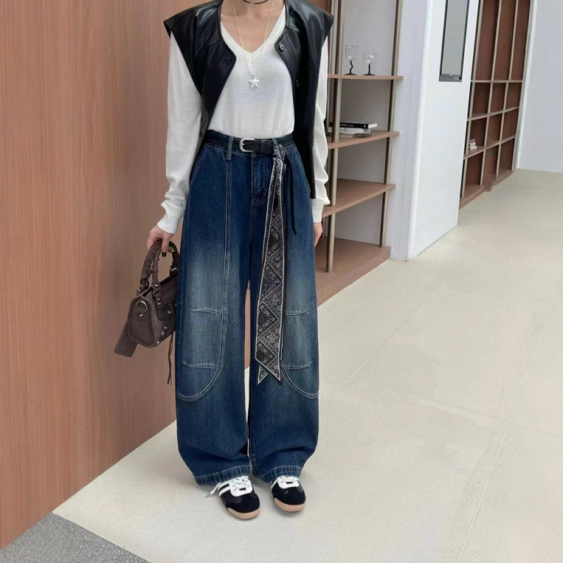 European Design Curved Knife Jeans for Women, Autumn New Retro High-Waisted Loose Slimming Casual Wide-Leg Floor-Length Pants