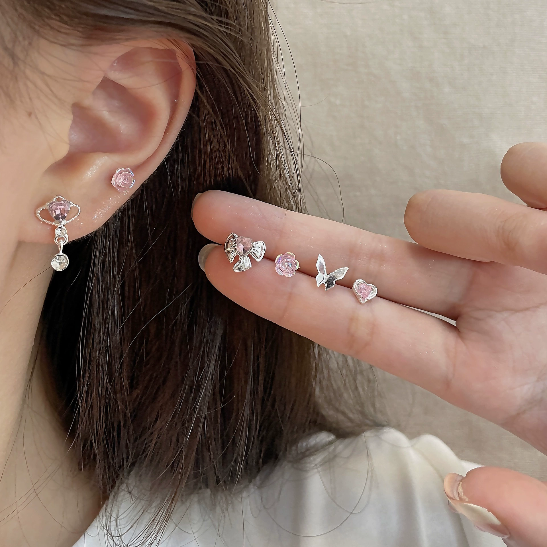 Набор серёг (SHUANG X) S925 серебряная игла, розовые кристаллы, 6 пар милый микс