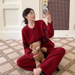 亲子系列CaCa开衫系扣半边绒睡衣女秋冬加厚保暖软绵绵家居服套装