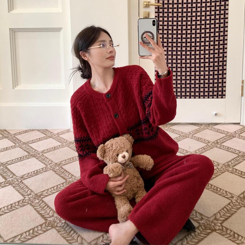 亲子系列CaCa开衫系扣半边绒睡衣女秋冬加厚保暖软绵绵家居服套装|undefined