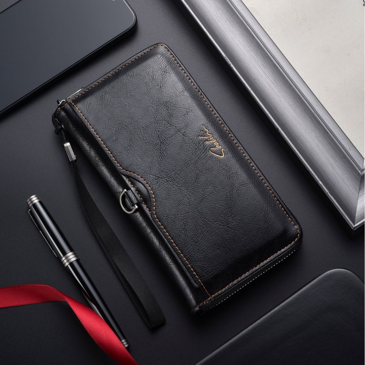 Cross-Border Men's Wallet, Long Wallet with Multiple Card Slots, Large Capacity, Zippered Leather Wallet, Portable Card Holder, Men's Wallet, Clutch Bag