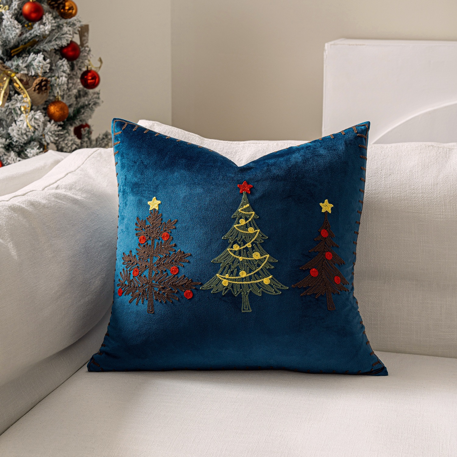 Ventas transfronterizas en caliente de alce árbol de Navidad estampado almohada cubierta de nieve de otoño y invierno bordado estilo de decoración de vacaciones atmósfera cojín cubierta