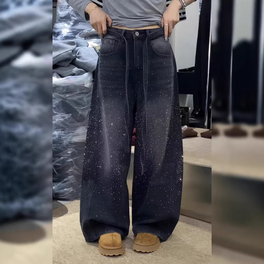 Y2K Rhinestone Embellished Jeans – Vintage High-Waisted Flare Pants For Women (S-3XL, Regular/Fleece Lined)​_ecoleips.com