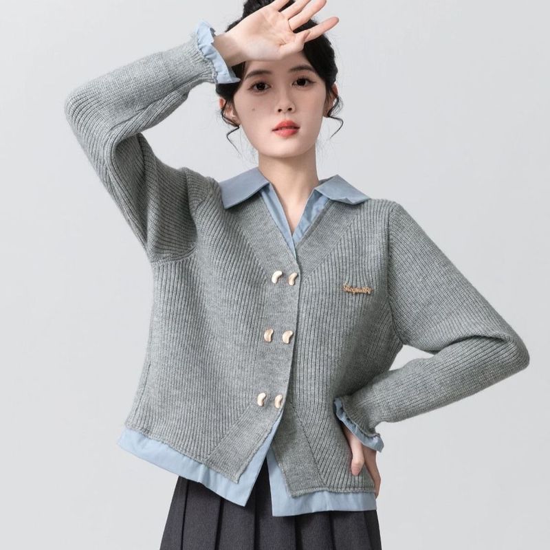 2025新款假两件毛衣外套女春秋新款POLO领衬衫拼接针织开衫短上衣|undefined