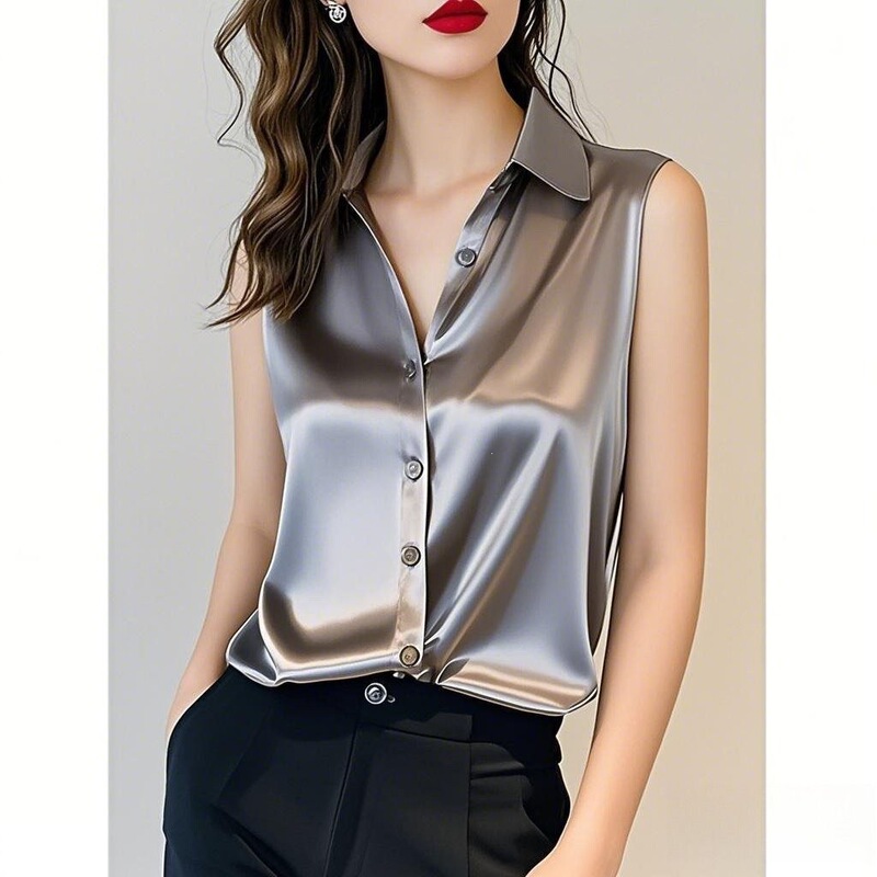2026 Summer New Style High-End Gray Acetate Satin Shirt for Women, Sleeveless Chic French Silk Professional Shirt