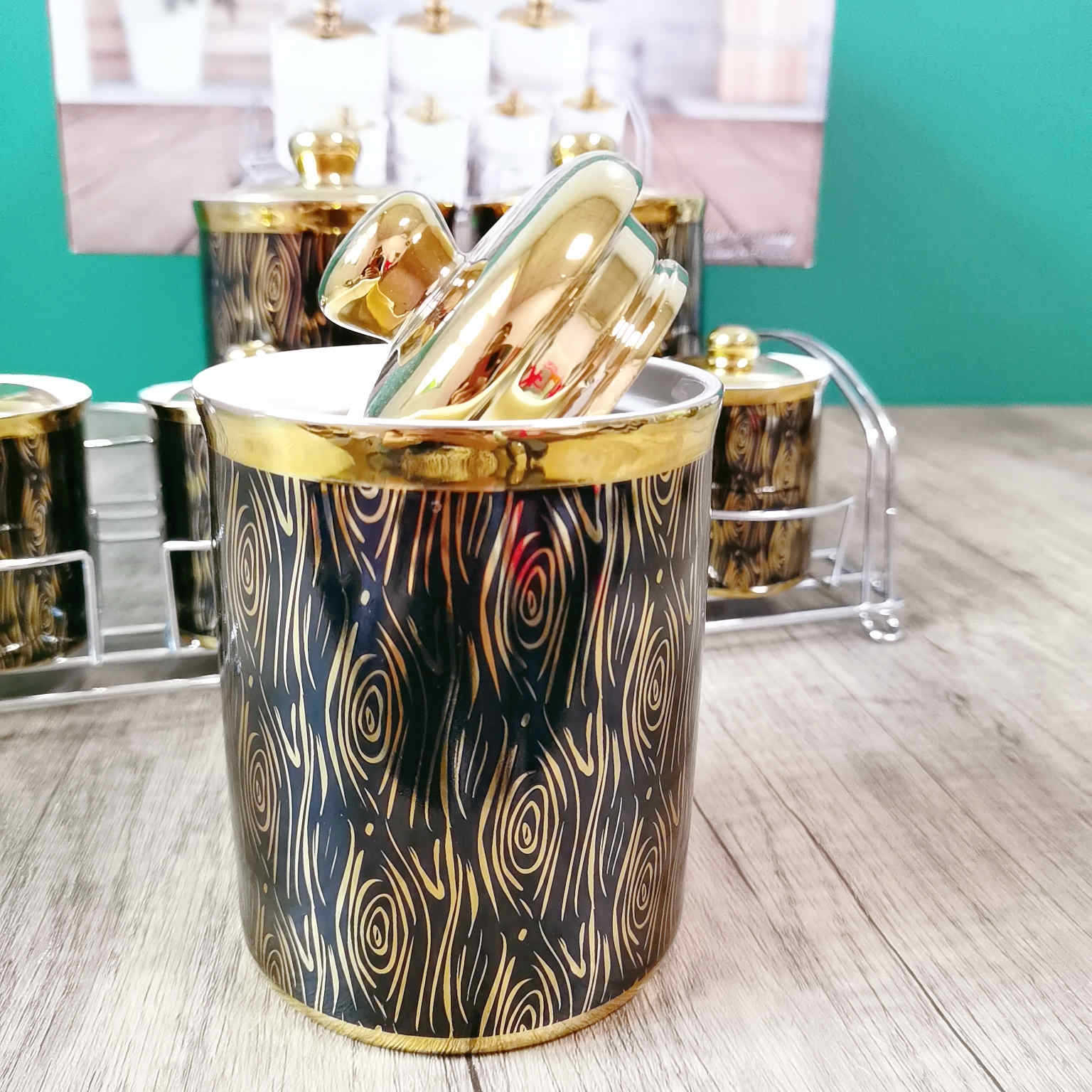 Exportar cocina sellado tarro Medio Oriente árabe galvanoplastia cerámica condimento tarro café tarro con marco de hierro de doble capa