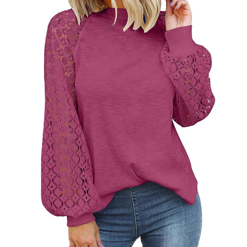 European and American New Independent Website Round-Neck Long-Sleeved Lace-Matching Loose Top for Women