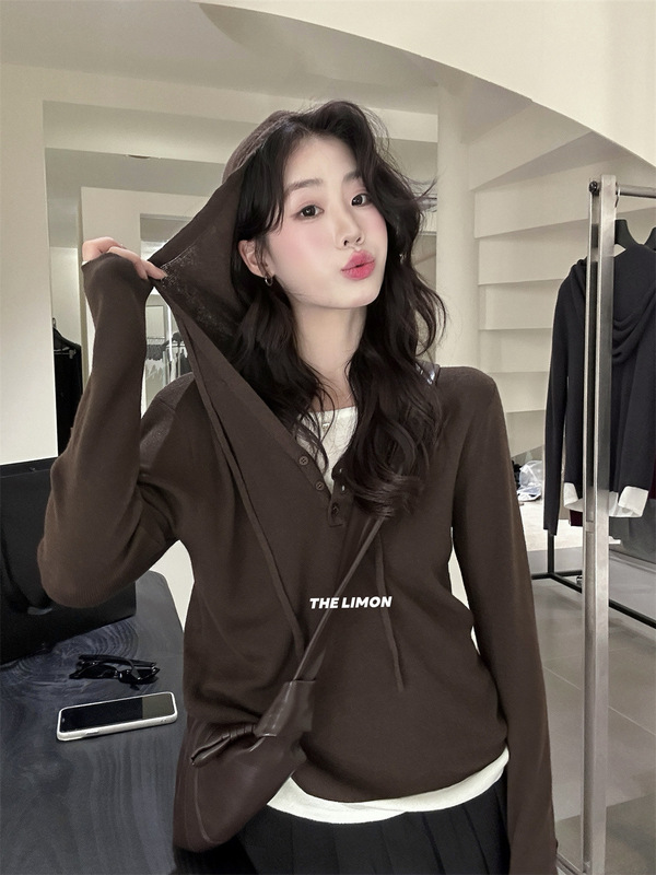 thelimon柠檬绿茶2025秋季新款设计感假两件连帽长袖针织衫女上衣|undefined