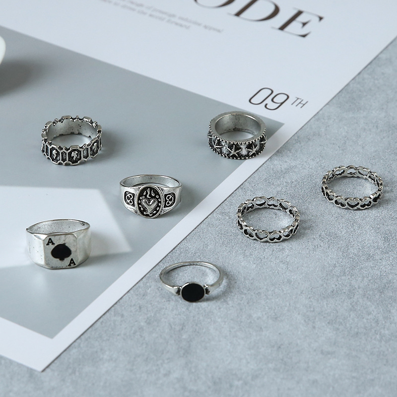 hot selling jewelry Fashion hollow love simple atmosphere dark retro spade love ring 7 piece set_senzul.com