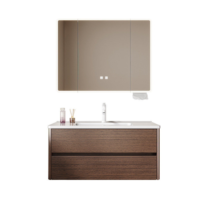 Mueble de baño de nogal, estilo mid-century, de madera maciza, con lavabo de cerámica integrado, mueble de baño y lavadero.