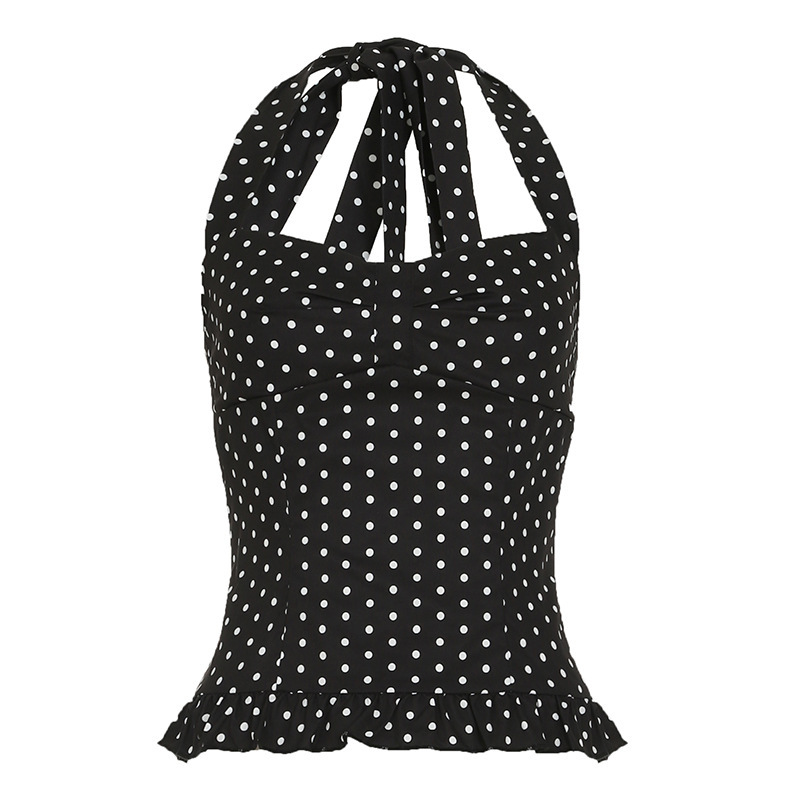 Women's Clothing Women's French Polka Dot Print Bustier Top Halter Neck Tie Vest Pure Sexy Princess Style Waist Cinching_ecoleips.com