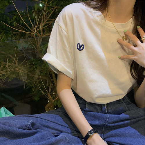 2025 Summer Embroidered Short-Sleeve T-Shirt for Women, White, New Style Simple Round Neck Loose Base Shirt for Girls, Over-the-Head Top