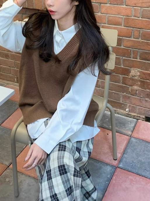 韓国版ソリッドカラールーズウェアvネックニットベスト女性用2025秋新作カジュアルレイヤードノースリーブセーター|undefined