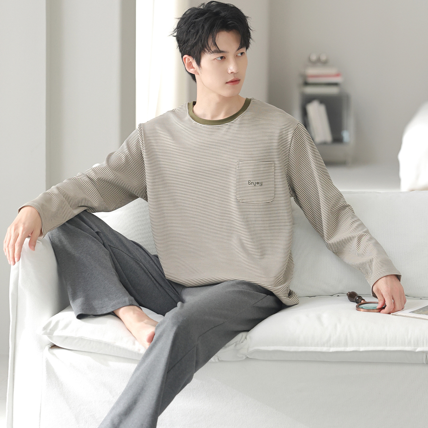 95 Cotton Cool Cotton Long-Sleeved Pajamas Men's Pants Korean Style Casual Simple Large Size Home Clothes High-End Can Be Worn Outside in Winter