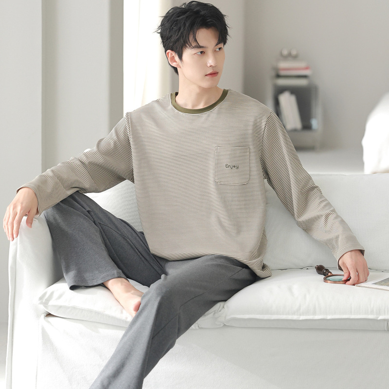95 Cotton Cool Cotton Long-Sleeved Pajamas Men's Pants Korean Style Casual Simple Large Size Home Clothes High-End Can Be Worn Outside in Winter