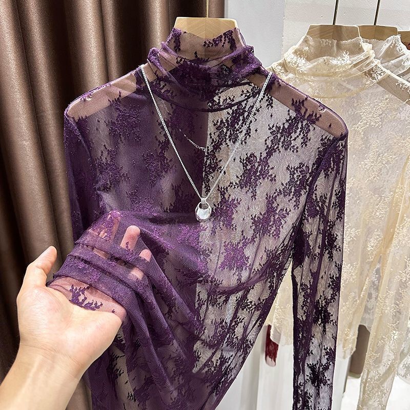 Purple Exquisite Lace High-Neck Base Shirt for Women, Autumn Hollow-Out T-Shirt with Tulle Inner Layer, Ruffled Elegant Top