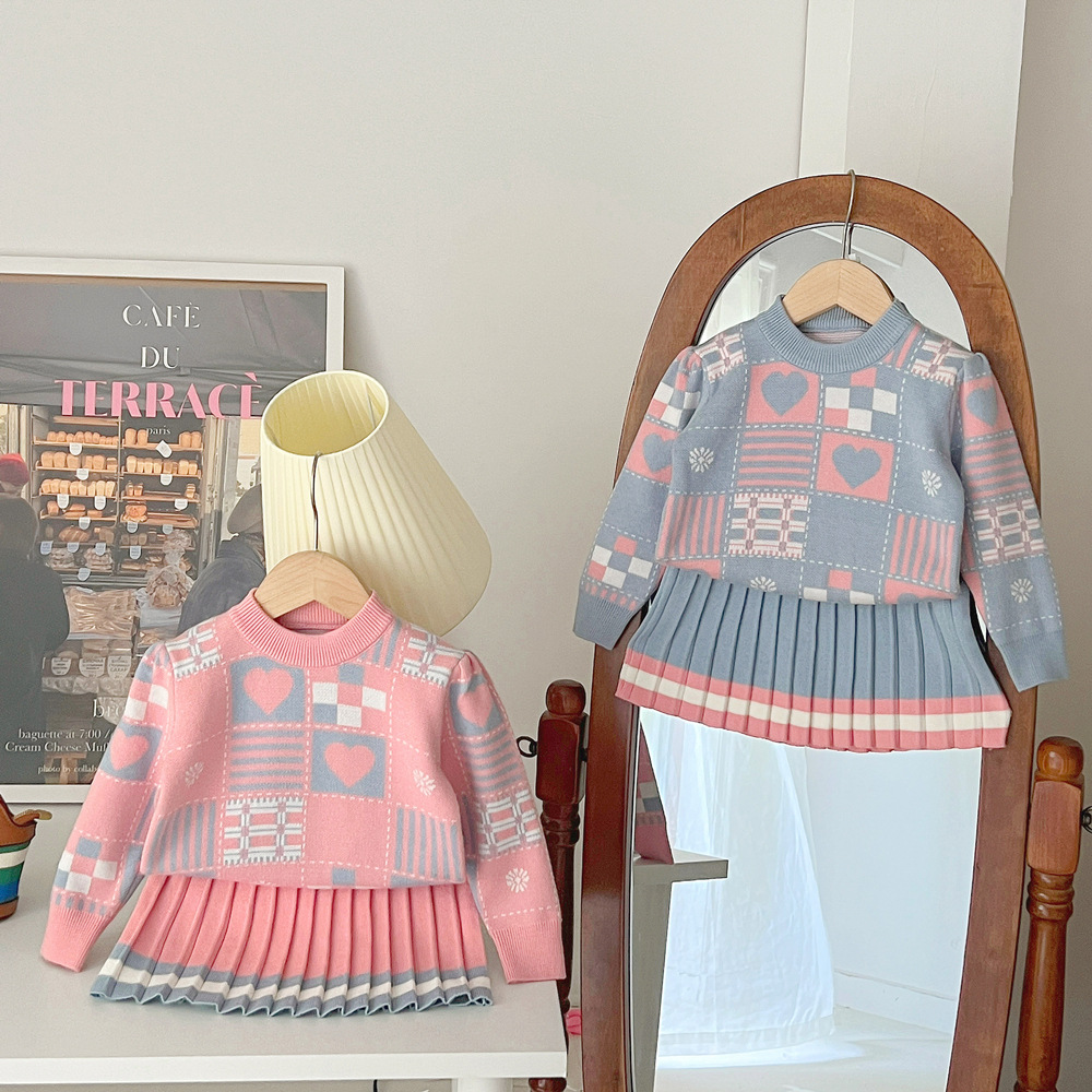 JINYONG Baby Mädchen Kinder Neues Gestricktes Zweiteiliges Set Niedliches Pulloverkleid Mit Geometrischem Muster_voghion.com