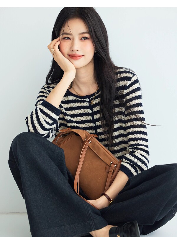 伊*L条纹开衫百搭职场镂空显瘦花边针织衫2025秋新款女1G8932331|undefined
